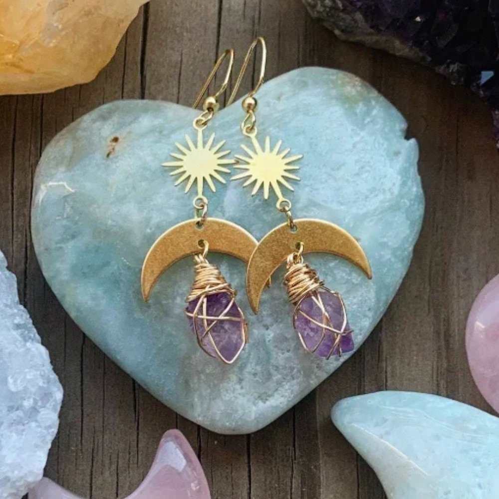 NEW Gold Dipped Sun Moon Celestial Amethyst Quartz Crystal Earrings